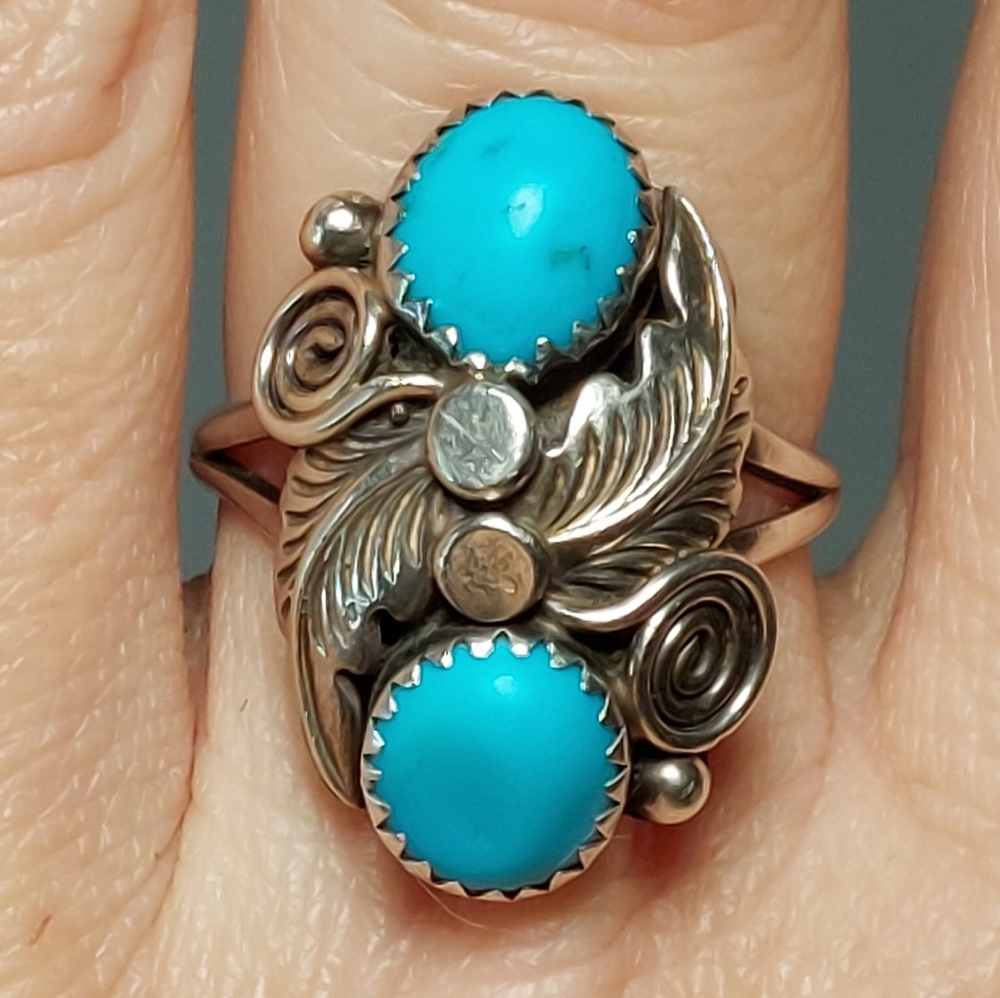 Native American Sterling Silver Turquoise Ring Signed M Size 8 - Picture 4 of 11